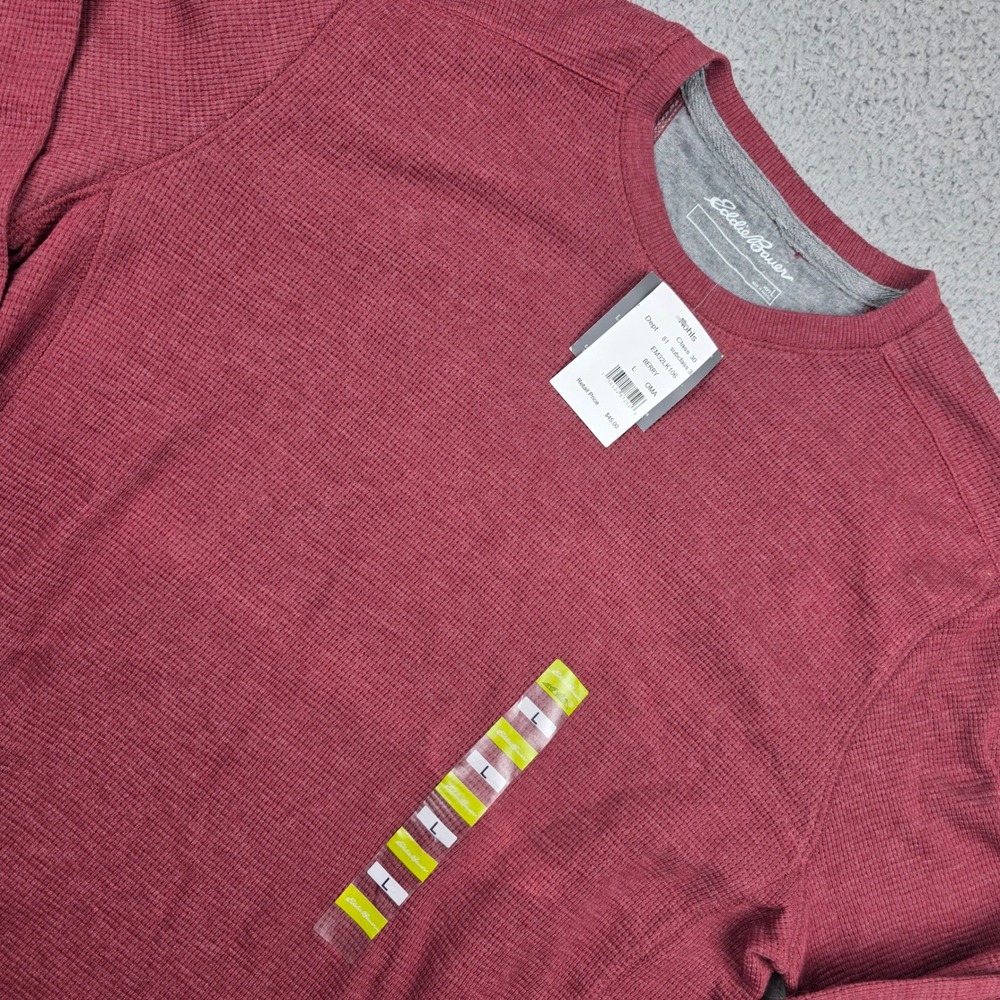 Eddie Bauer Thermal Shirt Mens L Berry Red New Waffle Knit Crewneck